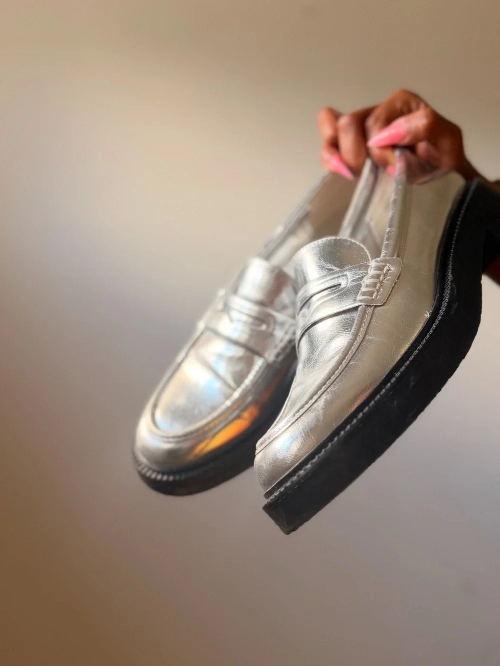 Zara Metallic Silver Penny Loafers with Black Platform